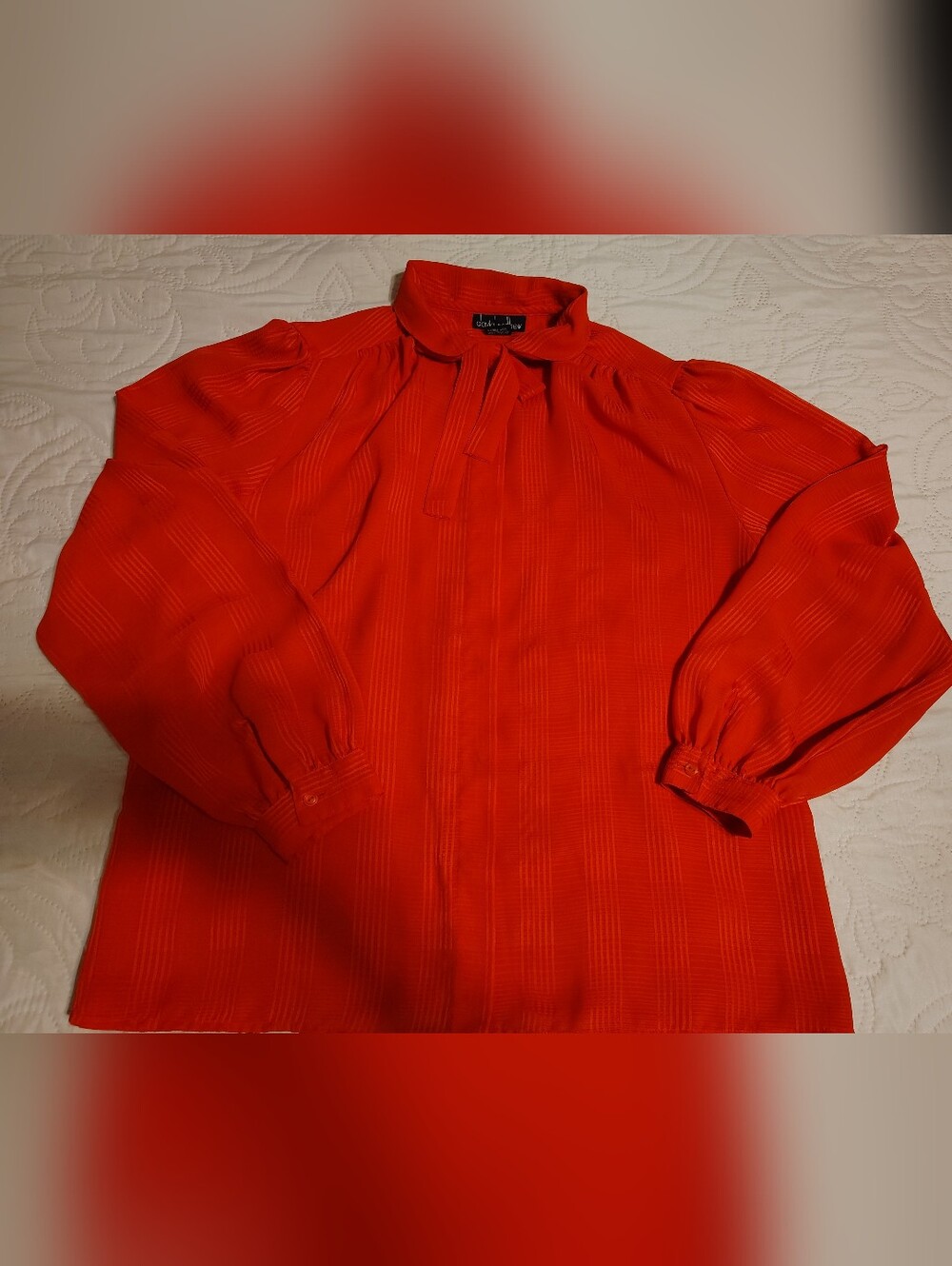 Red Long Sleeve Tie-Neck Blouse